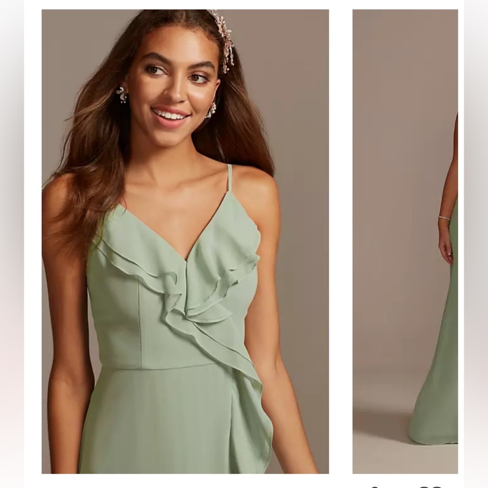 David’s Bridal ruffle spaghetti-strap chiffon Dress with slip-Sage Green